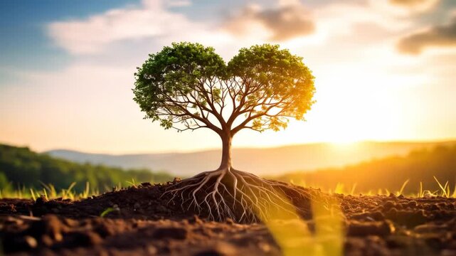A tree with heart-shaped leaves stands tall with roots exposed against a sunset backdrop.