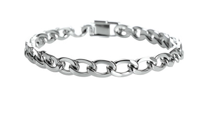 A close-up shot of a silver chain bracelet laid flat on a solid black background. The links interlock