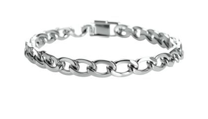 A close-up shot of a silver chain bracelet laid flat on a solid black background. The links interlock