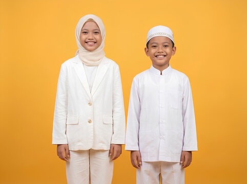 Smiling Muslim girl wearing a hijab and white suit standing next to a Muslim boy in a white traditional outfit and prayer cap, isolated on a yellow studio background with copy space, Eid celebration c