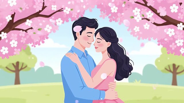 2D vector animation of romantic couple embracing under a pastel cherry tree with soft light and falling petals