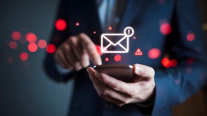 Digital email warning notification on a smartphone by a businessman