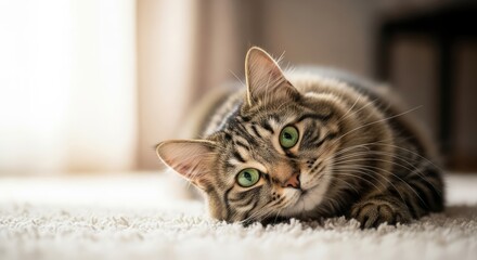 A brown and black striped cat with green eyes lying on a white carpet.