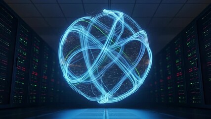 Abstract sphere of light in server room illustrates data and connectivity.