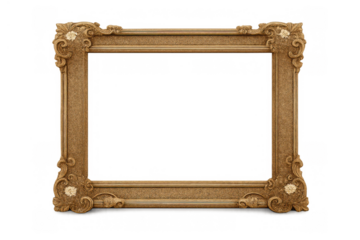 Ornate antique baroque wood picture frame with carved details and a golden finish, transparent background