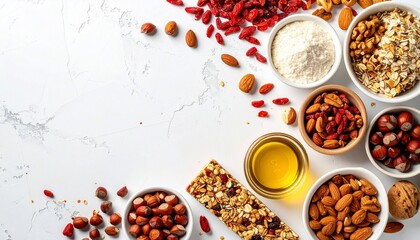Assortment of healthy ingredients in small bowls, granola bar on white surface