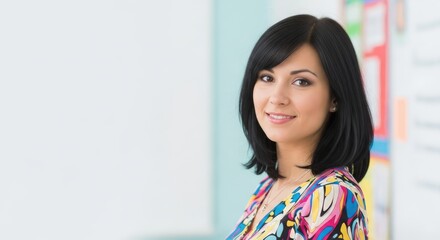 A woman with black hair smiling in front of a colorful bulletin board.