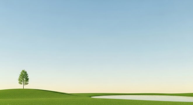 A lone tree stands on a grassy hill with a serene, clear blue sky in the background. - Powered by Adobe