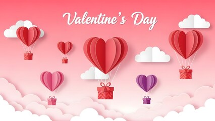 Valentines day hot air balloons with hearts and gifts in the sky