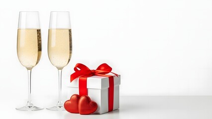 Champagne Glasses with Gift Box and Hearts for Valentine&rsquo;s Day Celebration