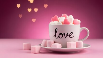 A white cup with love written on it filled with pink and white marshmallows on a pink background