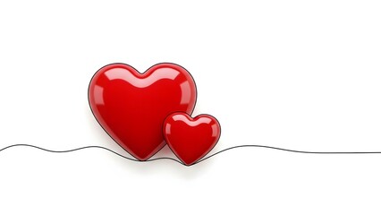 Two shiny red hearts connected by a thin black line on white background