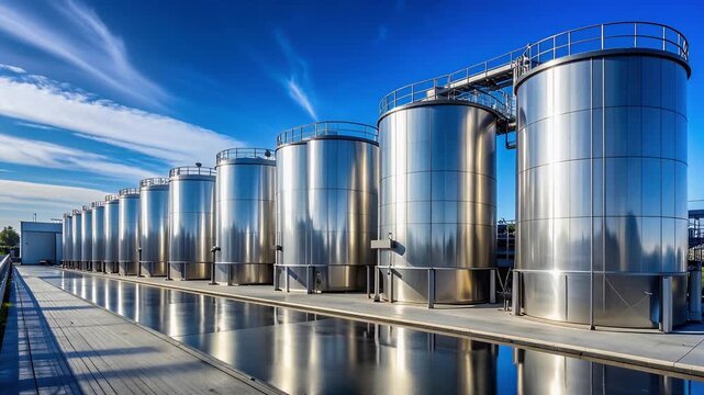 青空の下で並ぶ巨大な金属タンクが近代的な工業プラントを象徴