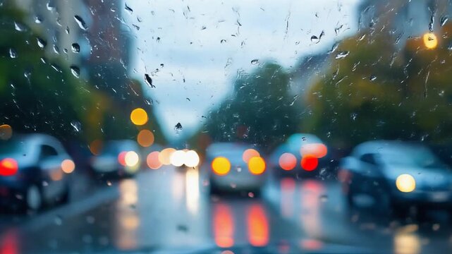 雨粒が付いた窓越しにぼやけた街灯が映る雨天の都市ドライブ風景