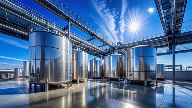配管が張り巡らされた金属タンク群が輝く近代的工業施設の全景