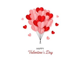 Happy Valentines day celebration with red and pink heart shaped balloons