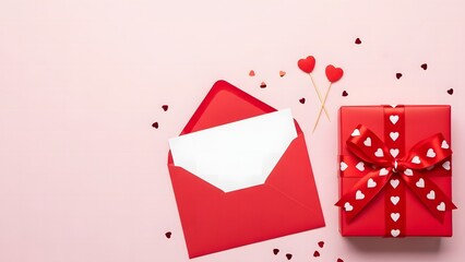 Valentines day gift and envelope with hearts on pink background