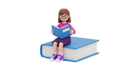 Cartoon girl reading a book while sitting on a giant book