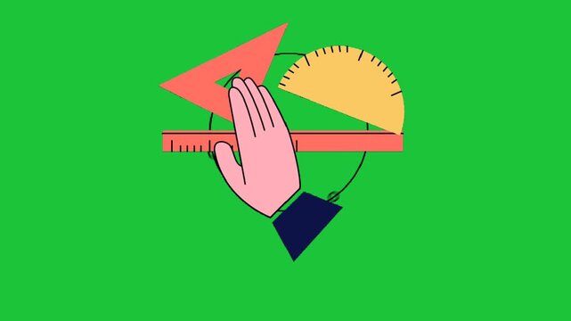 Hand measuring angle with ruler and protractor flat animation on green screen isolated background for education use clip