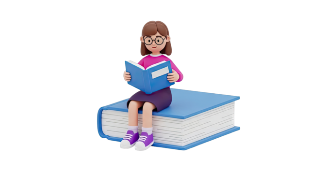 Cartoon girl reading a book while sitting on a giant book - Powered by Adobe