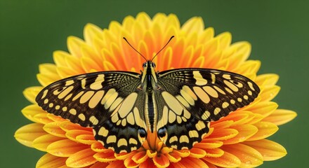 A butterfly with black and yellow wings resting on a vibrant yellow flower against a green background