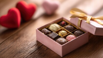 Box of assorted gourmet chocolates sits open upon a rustic wooden surface near decorative hearts