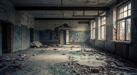 A dilapidated, abandoned room with peeling paint, broken windows, and scattered debris.