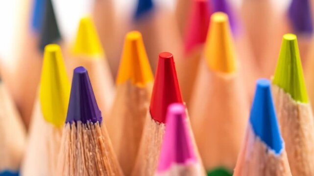 Macro shot of colorful wooden pencils with different colors arranged closely together.