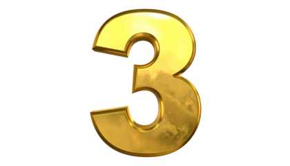 A luminous, gold-colored numeral "3" with a three-dimensional effect, isolated against a solid black background