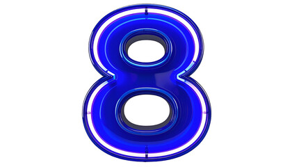 A luminous, three-dimensional number eight in a vibrant blue hue is rendered against a black background, with neon-like illumination
