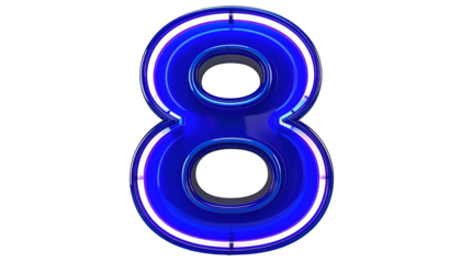 A luminous, three-dimensional number eight in a vibrant blue hue is rendered against a black background, with neon-like illumination