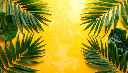 Overhead shot of green tropical leaves arranged against a yellow background