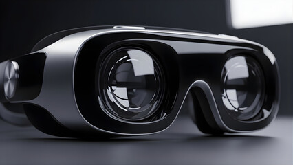 Futuristic VR AR headset with sleek chrome and black finish, high-tech virtual reality goggles with professional optical lenses, 3D product rendering for metaverse and gaming technology concept