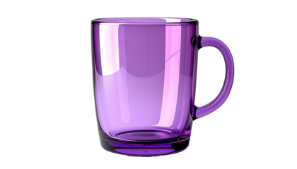 A translucent, vibrant purple mug with a rounded handle. The glass reflects light and appears almost empty. It stands out against a stark black background