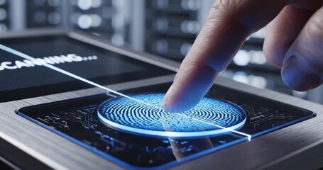 Close-up of a finger scanning a biometric device, with a digital interface in a tech environment - Powered by Adobe