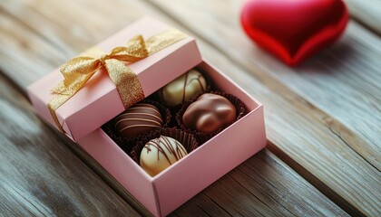 Pink gift box containing assorted gourmet chocolates rests on weathered wooden surface beside a red heart shape