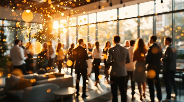 Business professionals gather in a brightly lit office space surrounded by warm golden particle effects