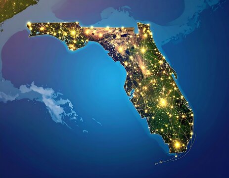 Nighttime satellite view highlighting cities and roadways of a US state