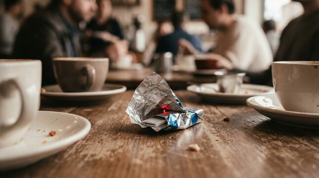 Hidden listening device disguised as a chewing gum wrapper on a cafe table