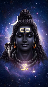 Cosmic lord shiva portrait with third eye and glowing om symbol in starry galaxy background for mahadev and maha shivratri mystical spiritual energy art