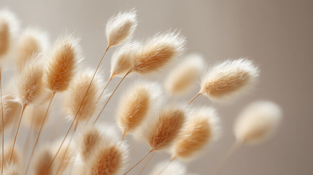 Soft Fluffy Bunny Tail Grass Dried Flower Arrangement on Beige Background