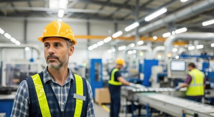 A man in a hard hat and safety vest standing in a factory with other workers in the background.