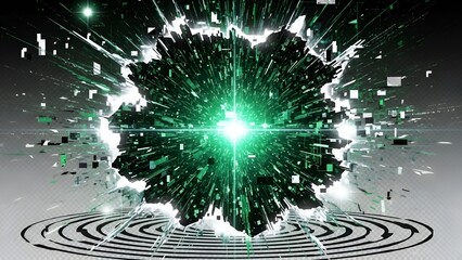 Abstract green explosion with geometric shapes and concentric circles background