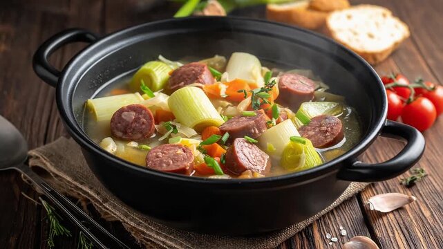 フランス料理のポトフを黒鍋で煮込んだ深みあるグルメな一皿