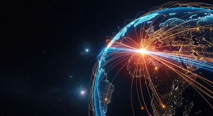 A globe with glowing lines connecting continents and cities, representing global connectivity and communication.