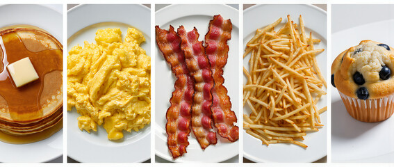 Delicious Breakfast Foods Including Pancakes, Eggs, Bacon, Fries, and Blueberry Muffin on White Plates