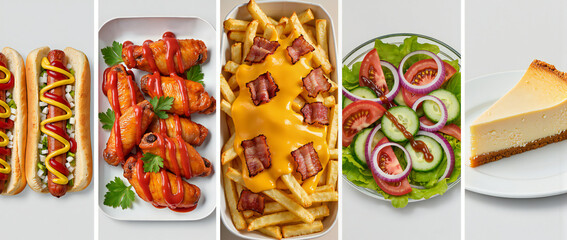 Delicious Spread of Mouth-Watering Foods Including Hot Dogs, Wings, Fries, Salad, and Cheesecake