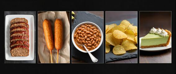 Variety of Comfort Foods Including Meatloaf, Corn Dogs, Baked Beans, Chips, and Cream Pie Slice