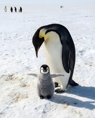 Emperor Penguin with Chick on Snow in Natural Antarctic Habitat