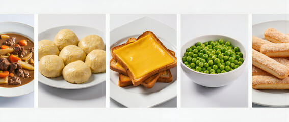 Delicious Variety of Comfort Foods Featuring Meat Stew, Bread Rolls, Cheese Toast, Green Peas, and Breadsticks